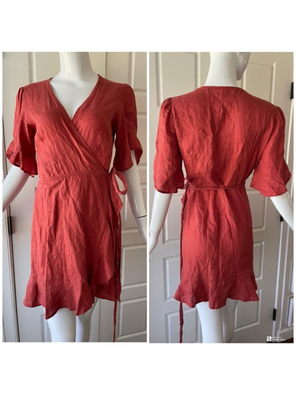 Honorine Edie Linen Ruffle Wrap Mini Dress Terracotta European Summer Boho Chic